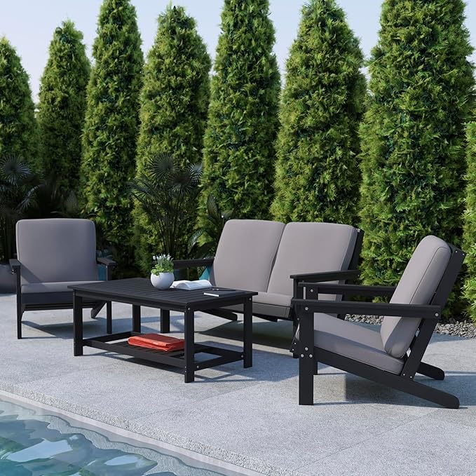 BizChair Two Tiered Commercial Grade Adirondack Coffee Table - Black Finish Poly Resin Wood - All-Weather - Slatted Shelf Design