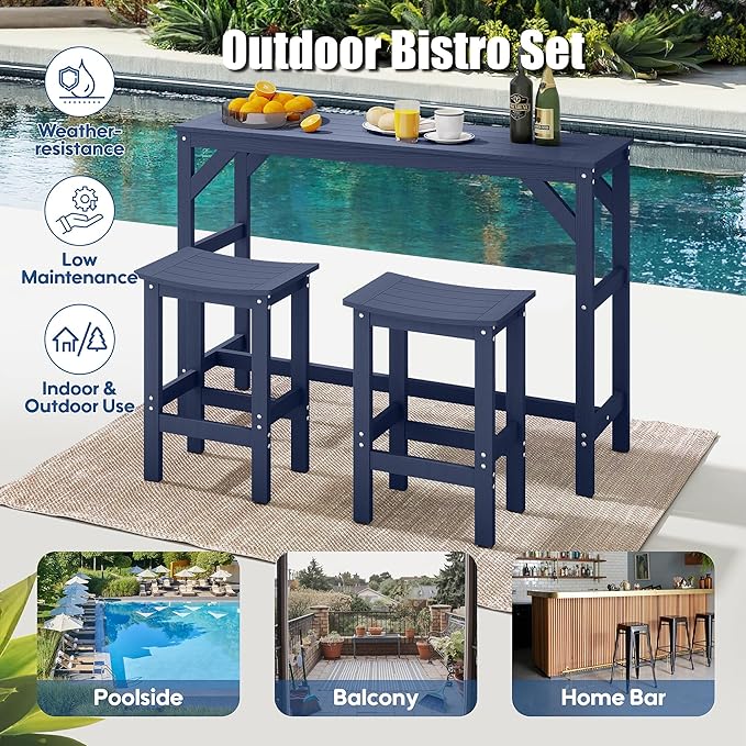 3Pcs HIPS Outdoor Patio Bar Set, All Weather HIPS Bar Table and Chairs Set for Outside, 55" Rectangular High Top Bar Table with 2 Bar Stools for Poolside, Patio, Balcony, Deck, Blue