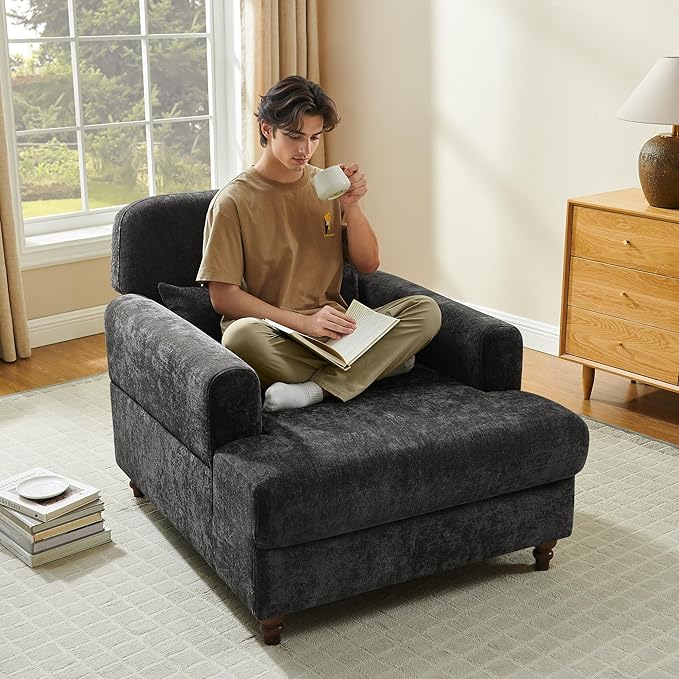 Chaise Lounge Chair Indoor with Adjustable Backrest, Oversized Accent Armchair for Living Room & Bedroom, Upholstered Mid-Century Reading Chair, Comfy Single Sofa Chair, Modern Living Room Chair