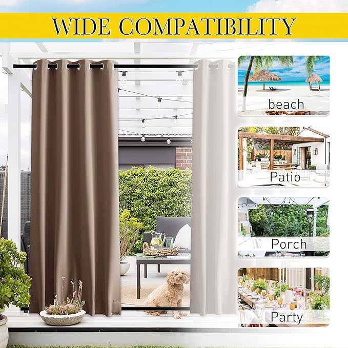 NICETOWN 2 Panels Blackout Waterproof Patio Outdoor Curtains, Top & Bottom Grommet & Back Tab Windproof Hot & Cold Block Drapes Privacy for Pergola with Fixed Ropes, W46 x L63, Tan-Khaki