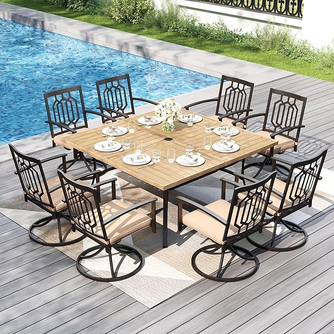PHI VILLA 9 Pieces Outdoor Dining Set for 8, 60” Square Wrought Iron Table with Wood-Like Tabletop & Swivel Metal Steel Chairs, Large Outside Furniture Set for Patio, Porch, Deck, Backyard