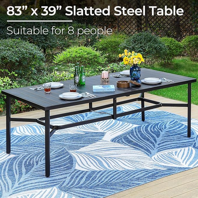 PHI VILLA 9 Pieces Outdoor Dining Set for 8, Rectangle Large Metal Iron Table with Umbrella Hole & Cushioned Wicker Chairs, Large Dining Furniture for Patio, Deck, Yard, Porch