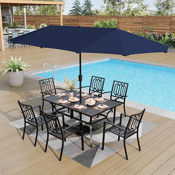 PHI VILLA 7 Piece Outdoor Dining Set for 6, 60” Rectangular Metal Steel Table with Umbrella Hole & Stackable Chairs, Heavy-Duty Furniture Set for Patio, Deck, Yard, Porch - Black