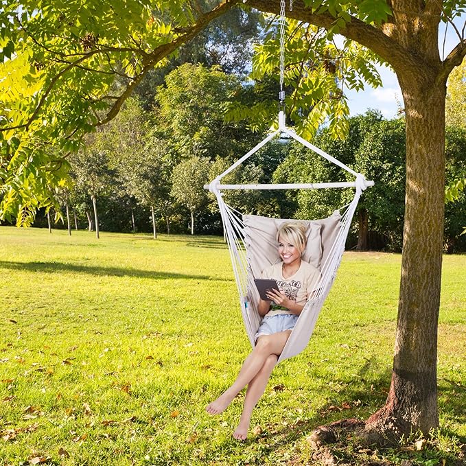 Backyard Expressions Hanging Hammock Chair Swing with Cushions & Hanging Kit – 500 lb Capacity, Cotton Blend Fabric, for Indoor/Outdoor Use – Includes Chain, Hooks & Spring – 5 Colors