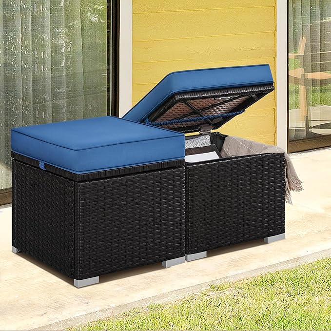 Yaheetech Wicker Ottomans, Set of 2 Patio PE Rattan Side Tables with Hidden Storage & Removable Cushion, Outdoor/Indoor Footstools, Additional Seating for Garden/Balcony/Yard, Brown/Dark Blue