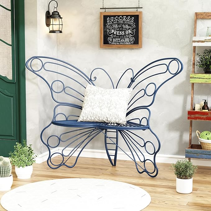 50 Inches Outdoor Bench, Garden Bench with Sturdy Iron Metal Frame, Pretty Butterfly Bench Front Porch Bench for Porch,Lawn,Garden,Yard