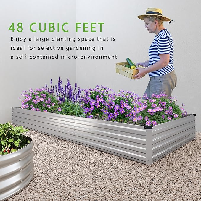 2PCS 12x4x1FT Galvanized Raised Garden Bed Kit,Vegetable Boxes-Rectangle Metal Flower Box,Large Planter Raised Beds Outdoor Garden for Planting,Fruit,Herb-Silver