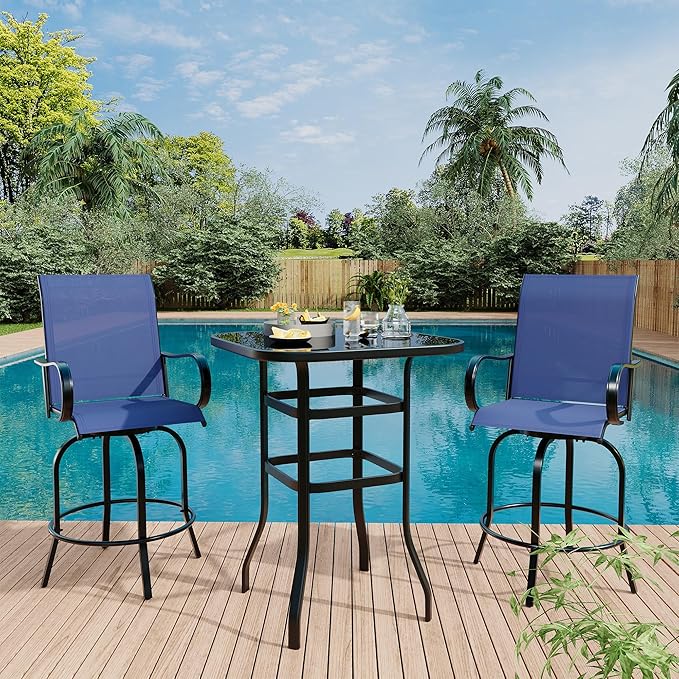 3 PCS Patio Swivel Bar Stools Set, 3 Piece Swivel Outdoor Table and Chairs Bar Set, All Weather Textile Fabric Outdoor High Stool Bistro Set with High Glass Bar Table for Lawn, Garden, Balcony