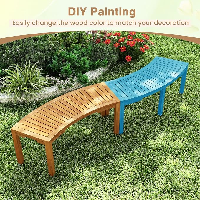 Tangkula Outdoor Curved Bench, Acacia Wood Fire Pit Bench w/Slatted Seat, Patio Backless 2-Person Seating for Porch, Yard, Garden, 800 LBS Max Load, Oil Painted (7, 45")
