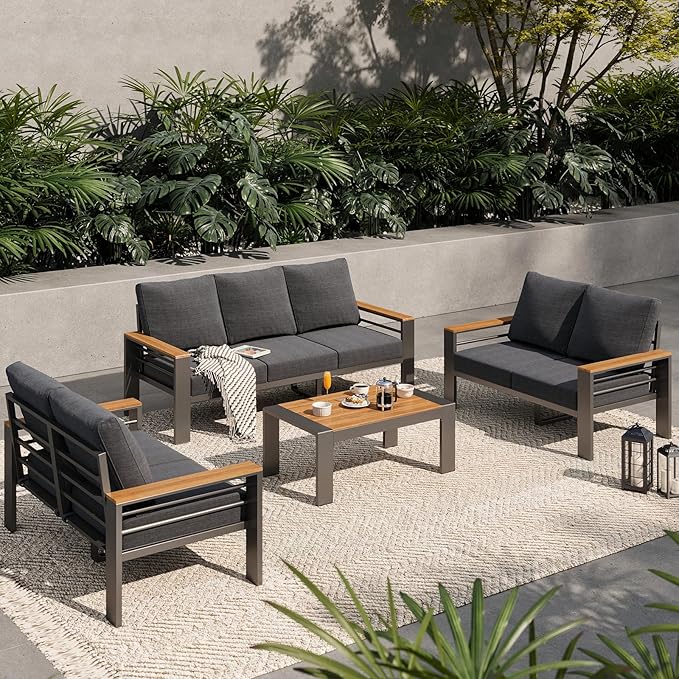 Aoxun Aluminum Outdoor Patio Furniture Set, 7 Seats Outdoor Sectional with Coffee Table, Patio Conversation Sets with Upgraded Armrests and Cushions for Backyard, Garden and Poolside（Dark Grey）