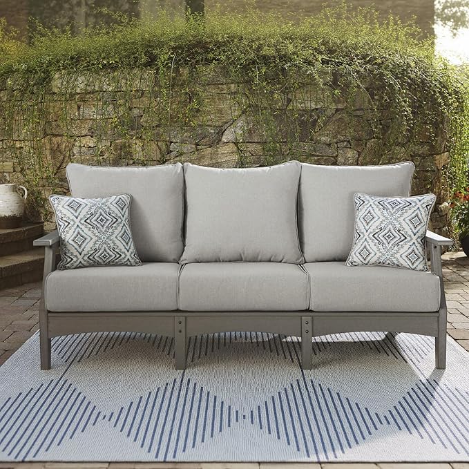 Signature Design by Ashley Visola Outdoor Patio Sofa with All-Weather Cushion and 2 Throw Pillows, Cleanable Performance Fabric, 19.88" Seat Height, Gray