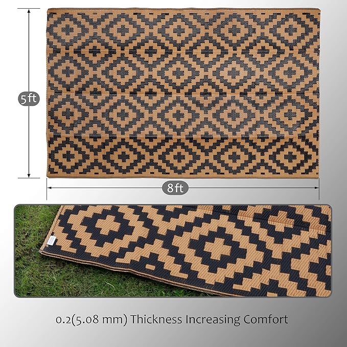 SAND MINE Reversible Mats, Plastic Straw Rug, Modern Area Rug, Large Floor Mat and Rug for Outdoors, RV, Patio, Backyard, Deck, Picnic, Beach, Trailer, Camping, Black & Brown, 5' x 8'