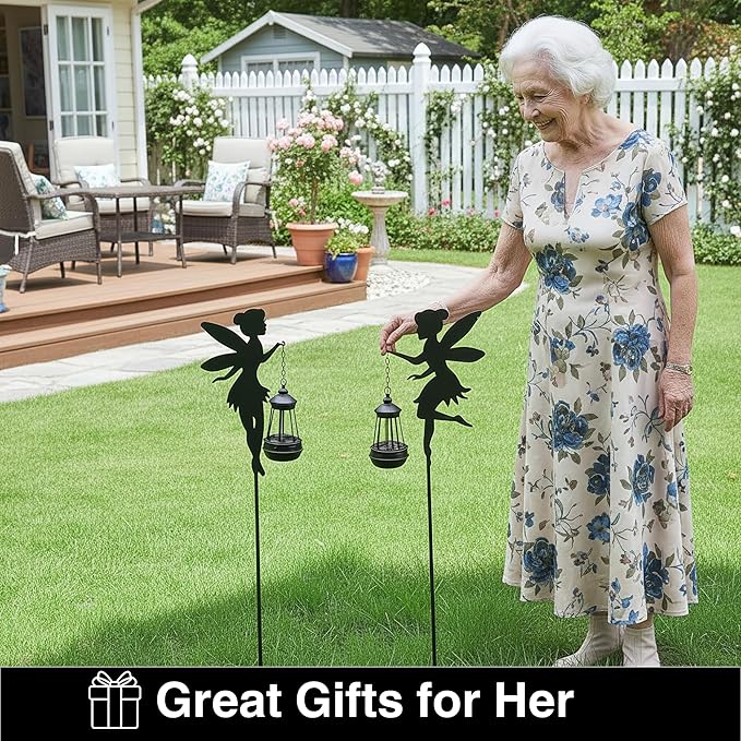 Solar Fairy Garden Decorations Solar Lighting 1 Pair – Outdoor Color-Changing Fairy Statues with Metal Stakes, Garden Ornaments for Lawn, Yard, Patio Decor (Type B Color-Shifting)