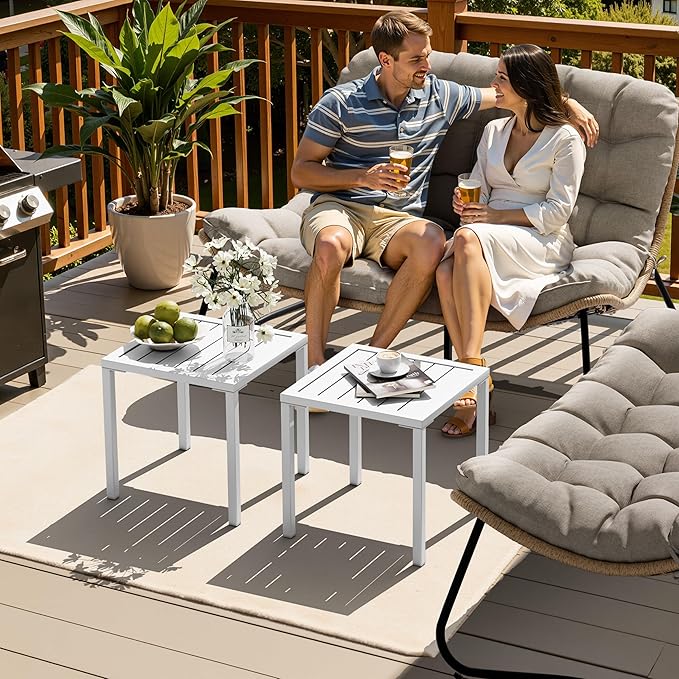 Crestlive Products Aluminum Outdoor Side Table, Pool Lounge Chair Side Table, Weather Resistant Small Square Coffee End Table for Patio, Yard, Garden, Porch, Deck, Indoor, Outdoor (White)