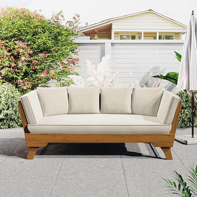 Merax Outdoor Patio Daybed Sofa,3-Seat Sofa with Foldable Arm 4 Back Pillows,Teak Acacia Wood Frame Beige Removable Cushion,Teak+ Beige