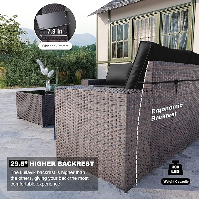 Kullavik Outdoor Patio Furniture Set,12 Pieces Sectional Rattan Sofa Set Brown PE Rattan Wicker Patio Conversation Set with 10 Seat Cushions and 2 Tempered Glass Coffee Table,Black