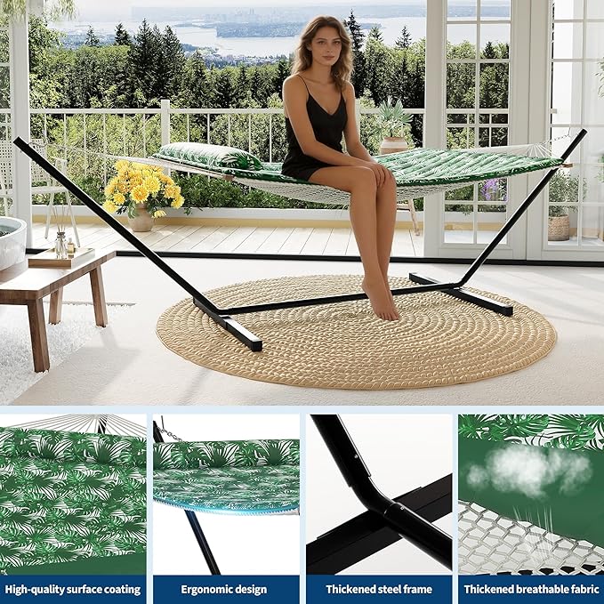Double Hammock with Heavy-Duty Steel Stand, 2 Person Portable Hammock, 450LBS Max Weight Capacity, Easy Assembly, Ideal for Indoor, Backyard, Camping & Outdoor Use