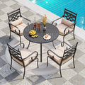 PHI VILLA 5 Pieces Outdoor Dining Set for 4, 42" Round Black Metal Table with Umbrella Hole & Wrought Iron Chairs, Rustproof Large Outside Furniture with Cushions & Pillows for Patio, Deck, Porch