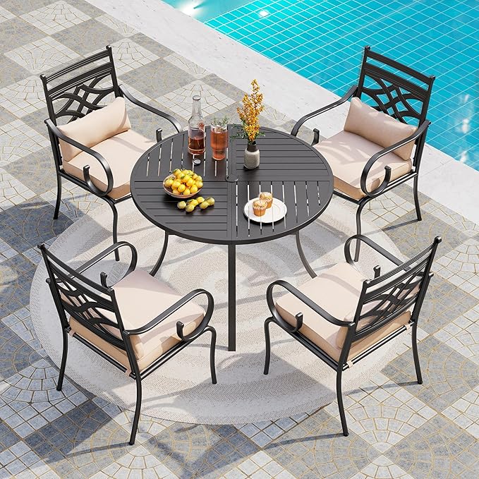 PHI VILLA 5 Pieces Outdoor Dining Set for 4, 42" Round Black Metal Table with Umbrella Hole & Wrought Iron Chairs, Rustproof Large Outside Furniture with Cushions & Pillows for Patio, Deck, Porch