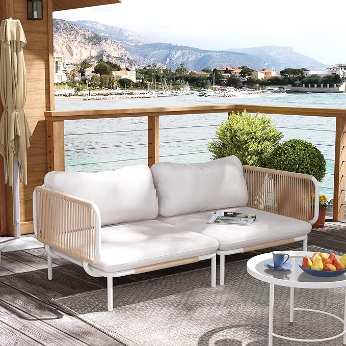 Patio Furniture Set, Outdoor Patio Furniture 31" Oversized Metal Patio Sectional Sofa, 2-Seat Conversation Set with Cushion, Beige