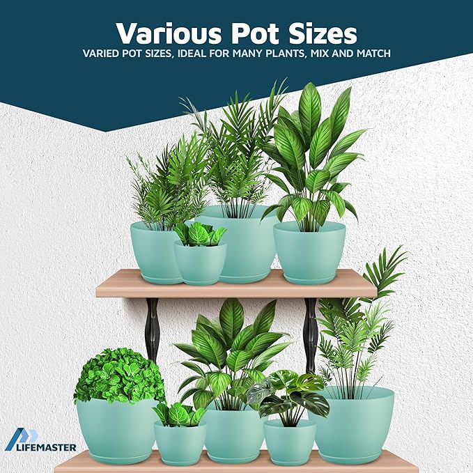 Aqua Plant Pots with Drainage Holes & Saucers 3 Pack, Indoor & Outdoor Stackable Space-Saving Planters for Houseplants & Flowers, (7", 6.7", and 6" Inches), Durable & Weatherproof Materials