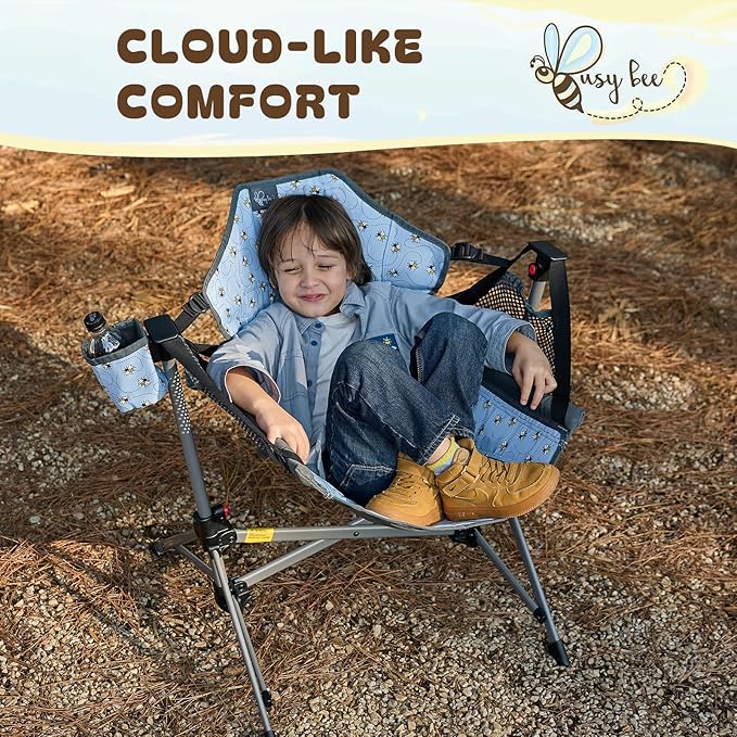 BusyBee Hammock Camping Chairs for Kids, Folding Kids Chair with Stand, Child Camping Gear, Hammock Swing Chair with Cup Holder & Carrying Bag for Outdoor, Lawn, Hiking, Indoor, Supports 125 LBS, Blue