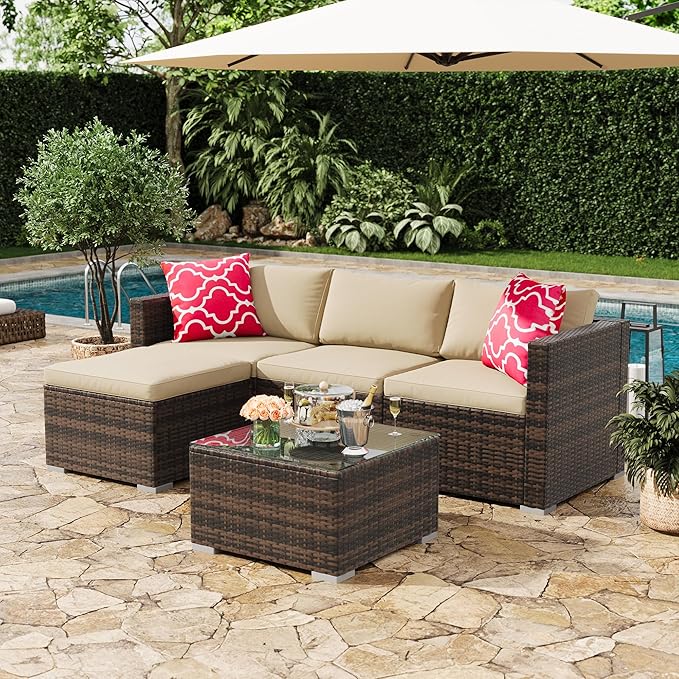 GAOMON 5-Piece All-Weather Patio Furniture Set, Convertible Outdoor Sectional Sofa with Ottoman & Tempered Glass Table, PE Rattan Conversation Set for Garden, Backyard, Porch, Poolside