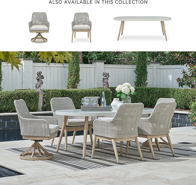 Signature Design by Ashley Seton Creek Cottage Nuvella Weather Resistant Fabric Outdoor Swivel Dining Chair with Cushion, Set of 2, Light Brown & Light Gray
