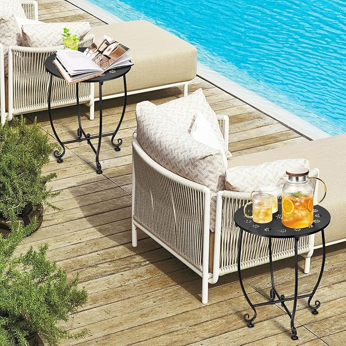 2 Pack 14 Inch Outdoor Side Tables for Patio, Weather Resistant Steel Patio Side Table, Small Round Outdoor End Table Metal Side Table for Patio Yard Balcony Garden Black (Petal)