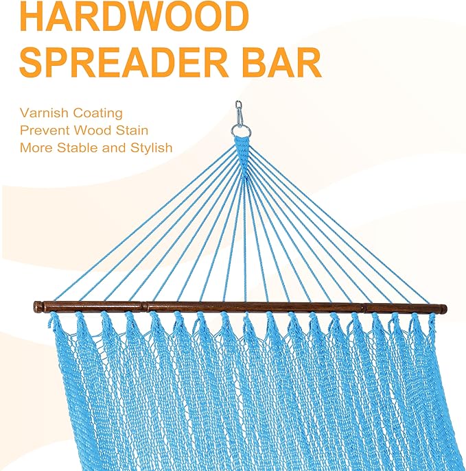 Lazy Daze Hammocks 10.5 FT Double 2 Person Caribbean Rope Hammock, Hand Woven Polyester Hammock with Spreader Bars, for Outside Outdoor Backyard Patio Poolside, 450 LBS Capacity, Sky Blue