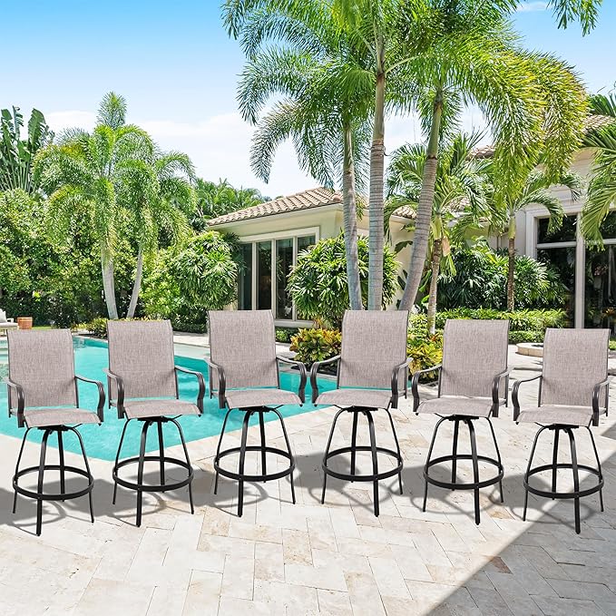 Vongrasig 6 Piece Patio Swivel Bar Chairs, All Weather Metal Textile High Swivel Bar Stools Chairs, Outdoor High Top Bistro Set for Backyard, Lawn Garden, Balcony, Taupe