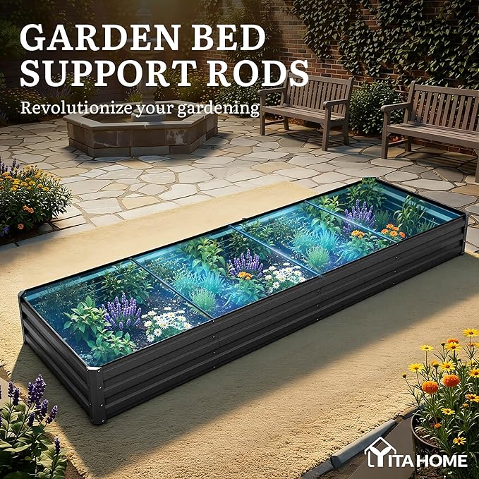 YITAHOME 6pcs 12x4x1 ft Galvanized Raised Garden Bed Kit, Large Metal Planter Box with Gloves, Safety Rubber & Support Rod, Outdoor Flower Bed for Plants Vegetables, Black