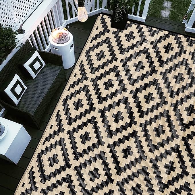 SAND MINE Waterproof Outdoor Rug 9x12 ft, Plastic Reversible Rug, Modern Area Rug, Large Floor Mat for Outdoors, RV, Patio, Backyard, Deck, Picnic, Beach, Camping