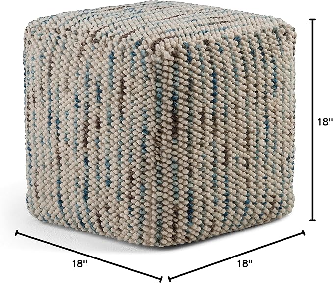 SIMPLIHOME Zoey Cube Pouf – 18 inch Wide Upholstered Wool and Cotton Ottoman in Multi-Color, Boho Woven Footstool or Extra Seating for Living Room, Bedroom, or Kids Room, Assembled