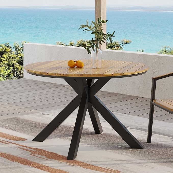 Merax Outdoor Dining Table, 45" Round Teak Acacia Wood Tabletop and Black Metal Leg, Modern Industrial Style Patio Dining Table