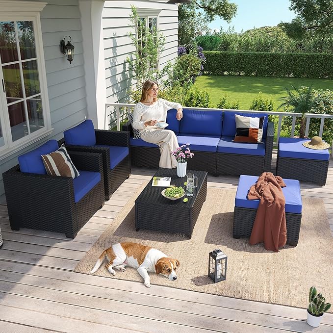 Aoxun 8 Piece Outdoor Patio Furniture Set 7 Seats, Outdoor Sectional with Thick Waterproof Cushions & Storage Coffee Table, Patio Conversation Sets for Garden,Backyard, Porch, Balcony, Deck, Blue