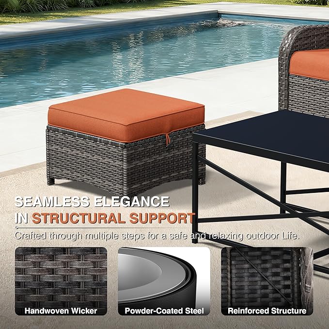 Joyside Outdoor Ottoman Set of 2, Patio Large Ottoman Foot Rest with Thickened Cushions, Outdoor Wicker Foot Stool for Porch, Deck Use