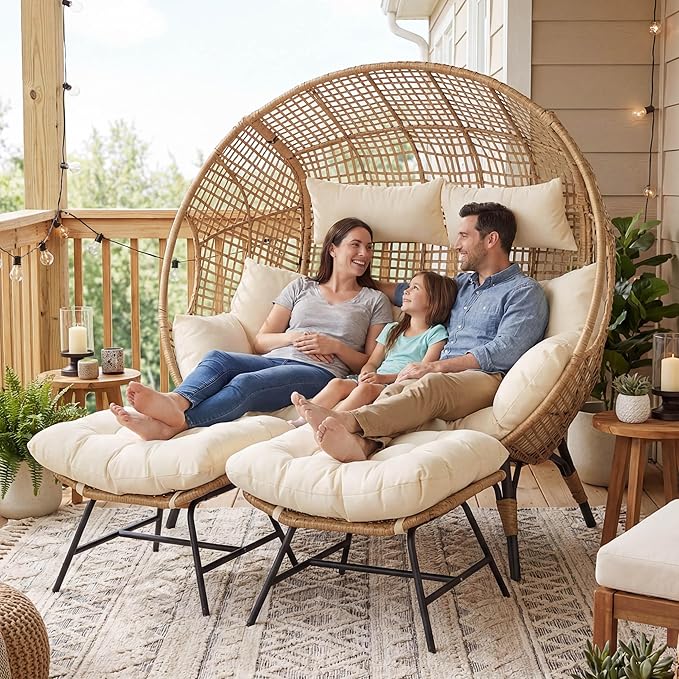 NICESOUL Indoor Outdoor Double Egg Chair with Ottoman Padded Cushions, 57.1" Plus Size XL Wicker Lounge Chair Deep Seating with Footrests, 2 Person Loveseat for Patio Porch Balcony Cream Beige