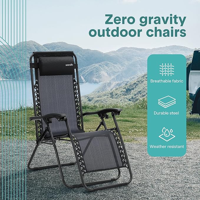 SereneLife Outdoor Zero Gravity Lounge Chair Set with Table – 2 Adjustable Recliners with Cup Holders, Headrest, Steel Frame & Foldable Design for Patio, Pool, Garden, or Camping