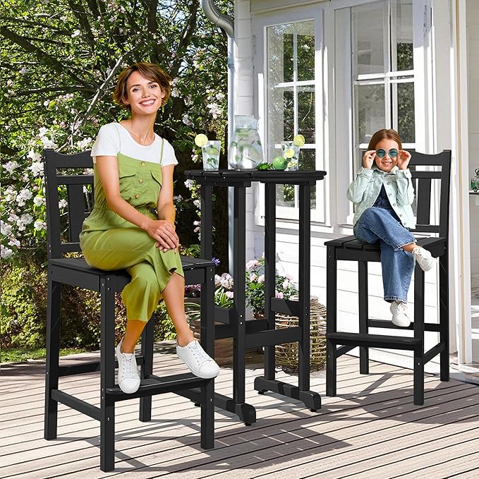 nalone Outdoor Bar Stools Set of 2, HDPE 44 Inch Tall Adirondack Chairs Bar Chairs, Weather Resistance Bar Height Chair for Balcony, Garden, Yard, Backyard (Black, Bar Chairs Set of 2)