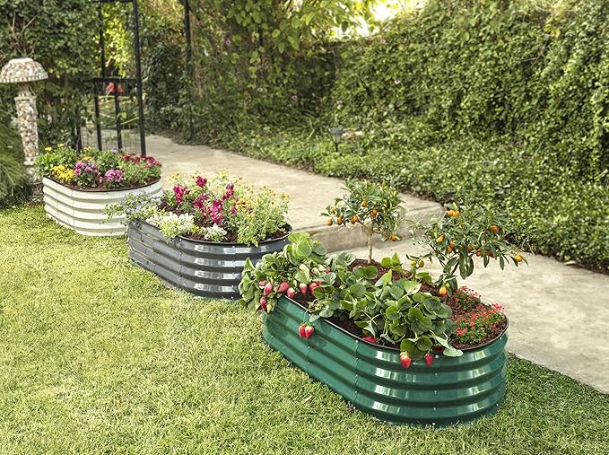 Plant & Plot Galvanized Raised Garden Beds Outdoor // 4×2×1 ft Planter Raised Beds for Gardening, Vegetables, Flowers // Large Metal Garden Box (White) // Patented Tool-Free Design