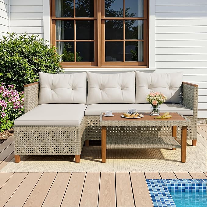 Devoko Patio Furniture Set 3 Piece Outdoor Sectional Sofa Hollow Rattan Patio Seating Sofa with Coffee Table & Ottoman for Deck, Porch, Poolside