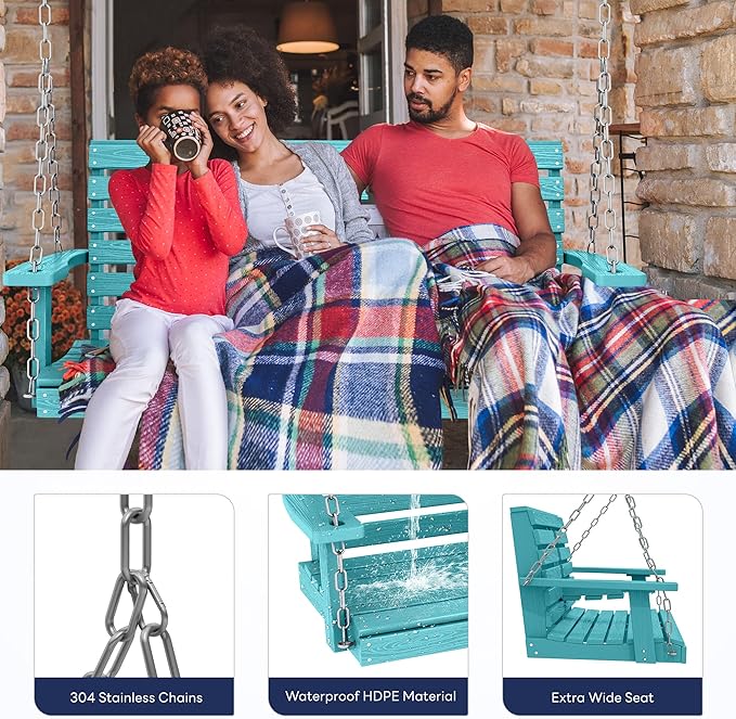 KINGYES Outdoor Hanging Patio Swing Set of 4, 2 Seat Swing Chair with Cup Holders, Waterproof Bench for Courtyard & Garden, 660LBS Weight Capacity, Aruba Blue