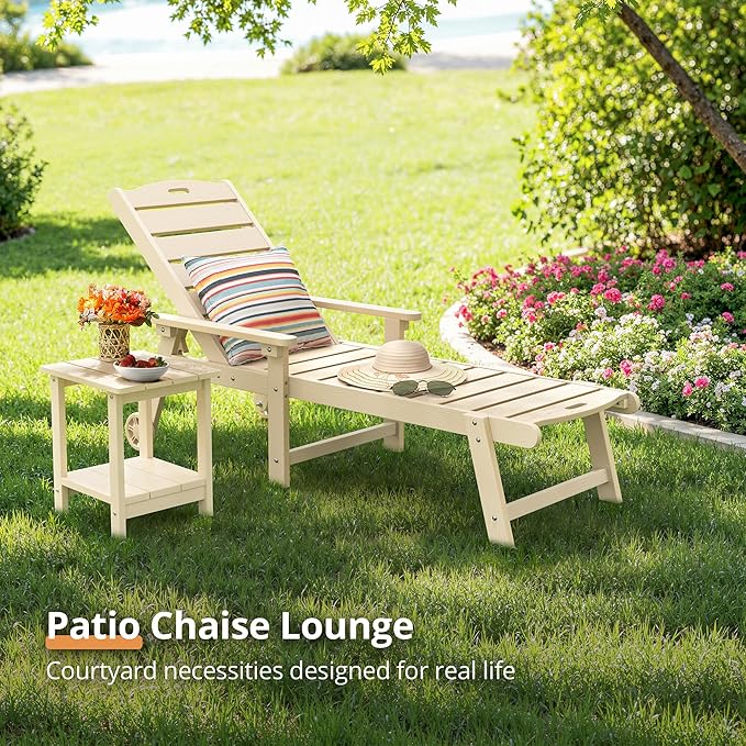 LUE BONA Outdoor Chaise Lounge Chairs Set of 2, HDPS Chaise Lounger, 5 Positions Adjustable Lounge Chairs, Pool Lounge Chair with Wheels for Poolside, Sand