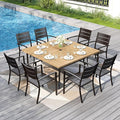 PHI VILLA 9 Pieces Outdoor Patio Dining Set for 8, 60”Square Brown Metal Steel Table with Umbrella Hole & Stackable Black Iron Chairs, Large Outside Furniture Set for Deck, Yard, Porch