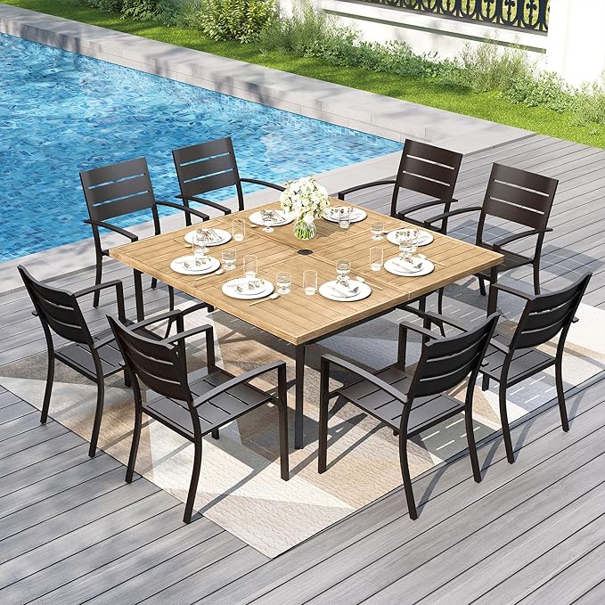 PHI VILLA 9 Pieces Outdoor Patio Dining Set for 8, 60”Square Brown Metal Steel Table with Umbrella Hole & Stackable Black Iron Chairs, Large Outside Furniture Set for Deck, Yard, Porch