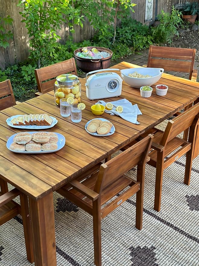 SAFAVIEH Outdoor Collection Hestia Natural Brown Acacia Solid Wood 7-Piece Dining Set, Ideal for Deck, Patio, Backyard