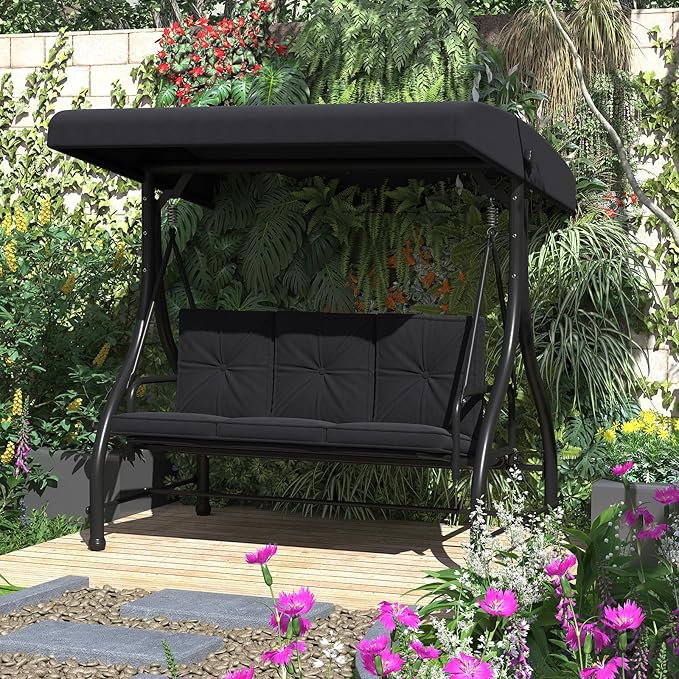 U-MAX Porch Swing Chair with Adjustable Backrest&Canopy, 3 Seat Patio Swing with Canopy 2-in-1 Convertible Outdoor Swing with Canopy Patio Daybed with Removable Black Cushions for Adults