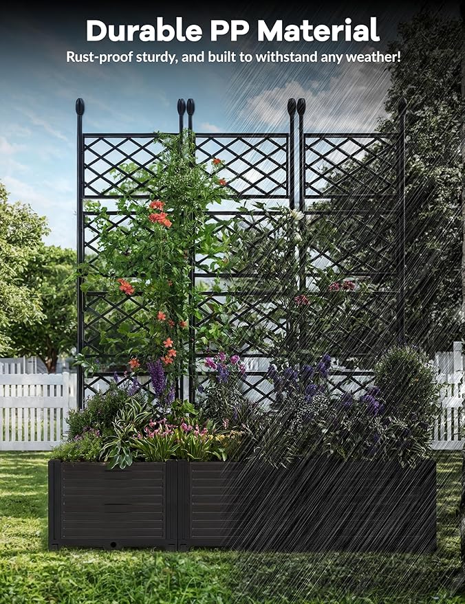 3 PCS Raised Garden Bed with Trellis & Privacy Screen, 50"w x 63"Tall Vertical Garden Planter Box for Climbing Plants - Sturdy Lightweight Outdoor Planter for Vegetables, Flowers on Patio, Balcony