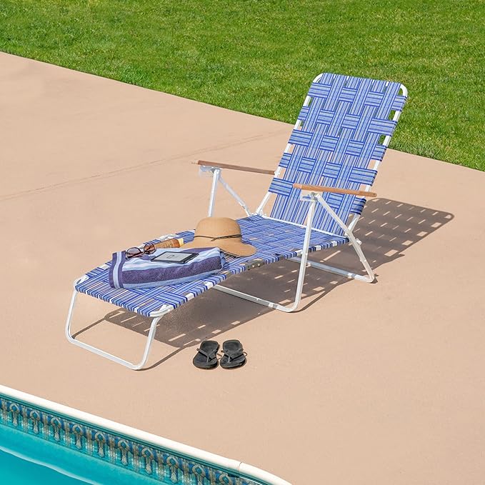 Camp & GO 4-Position Folding Web Lawn Chair Outdoor Lounger, Blue/White undefined/White
